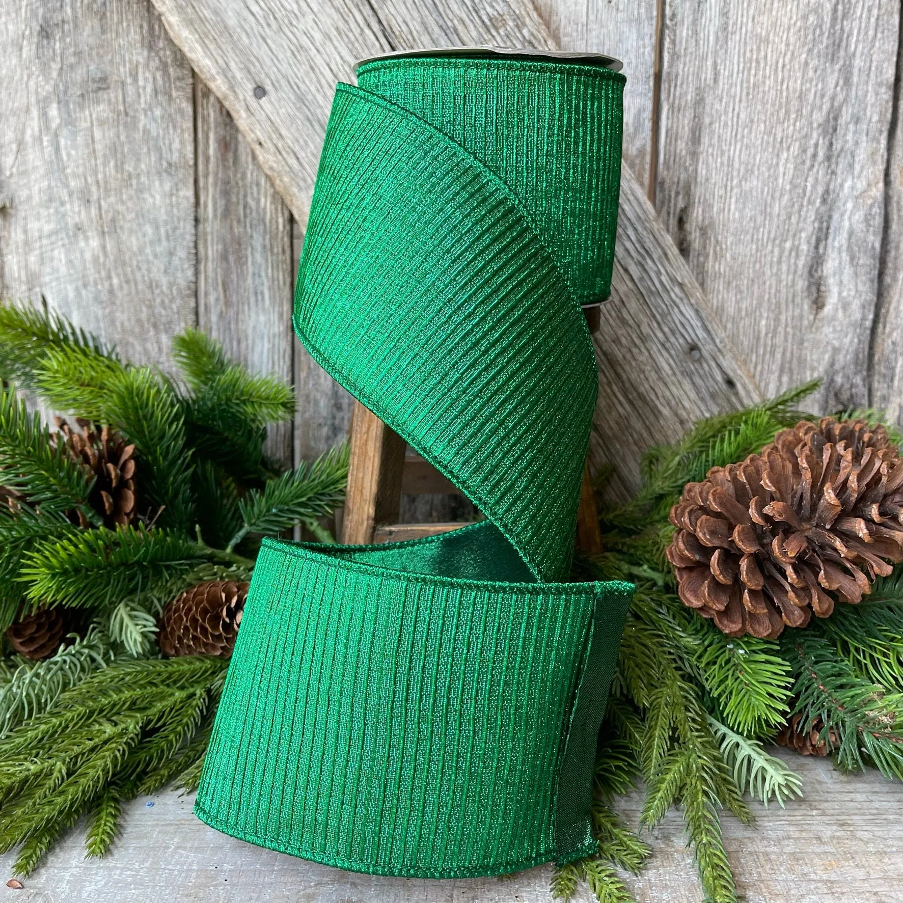 4" Emerald Green Pleated Metallic Ribbon, Farrisilk Ribbon,Wired Ribbon