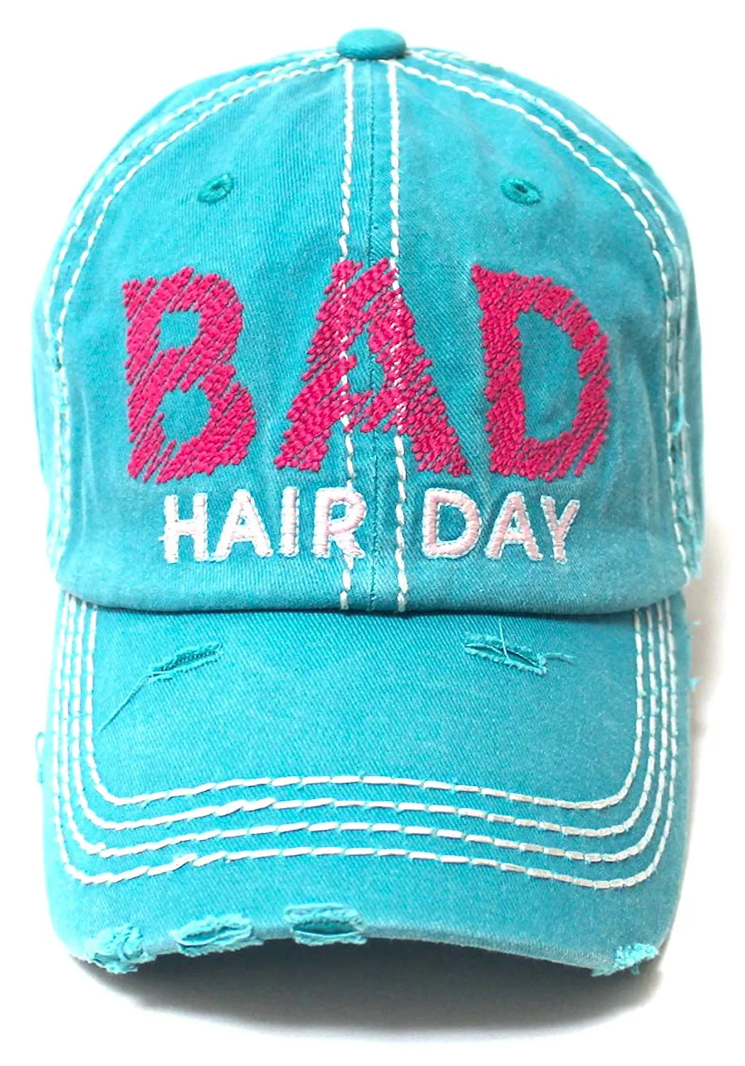 Bad Hair Day Stitch Embroidery Distressed Baseball Hat, Turquoise Blue