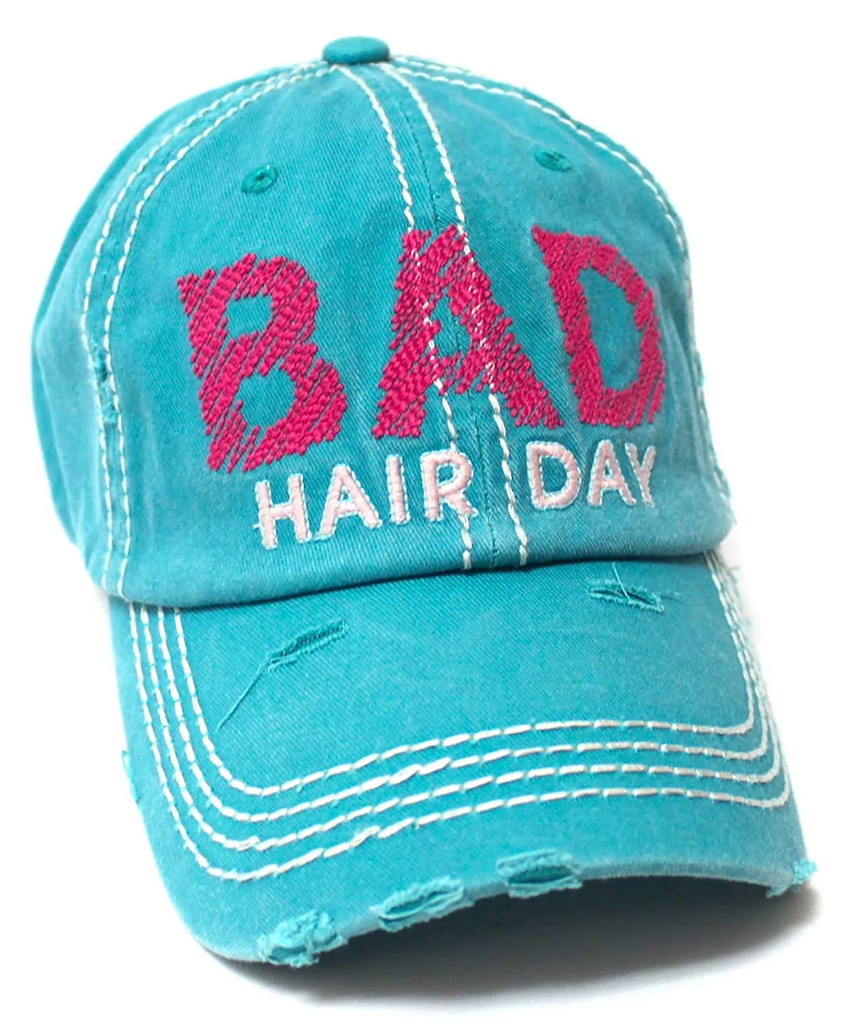 Bad Hair Day Stitch Embroidery Distressed Baseball Hat, Turquoise Blue