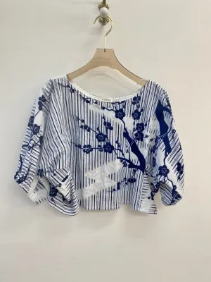 Blue & White Cherry Blossom Yukata Zero Waste Crop Top