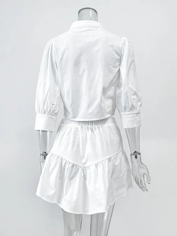 Half Sleeves Loose Buttoned Pleated Solid Color Split-Joint Stand Collar Blouses Top    Skirts Bottom Two Pieces Set