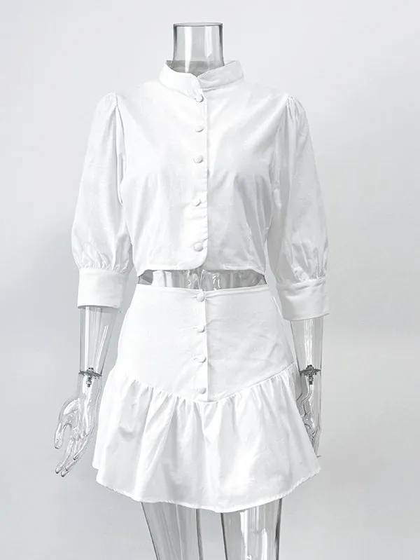 Half Sleeves Loose Buttoned Pleated Solid Color Split-Joint Stand Collar Blouses Top    Skirts Bottom Two Pieces Set