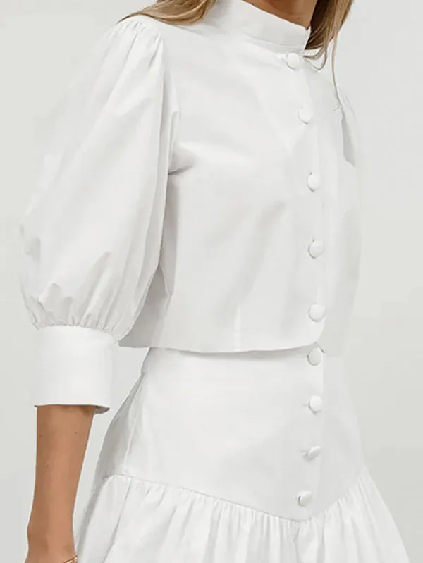 Half Sleeves Loose Buttoned Pleated Solid Color Split-Joint Stand Collar Blouses Top    Skirts Bottom Two Pieces Set