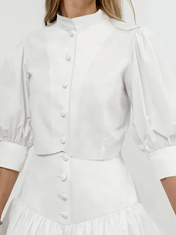 Half Sleeves Loose Buttoned Pleated Solid Color Split-Joint Stand Collar Blouses Top    Skirts Bottom Two Pieces Set