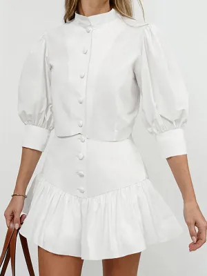 Half Sleeves Loose Buttoned Pleated Solid Color Split-Joint Stand Collar Blouses Top    Skirts Bottom Two Pieces Set