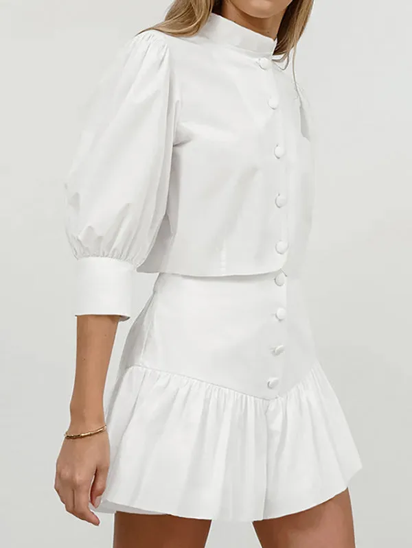 Half Sleeves Loose Buttoned Pleated Solid Color Split-Joint Stand Collar Blouses Top    Skirts Bottom Two Pieces Set