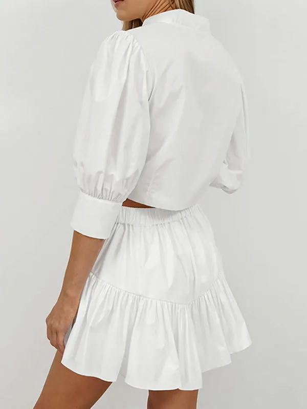 Half Sleeves Loose Buttoned Pleated Solid Color Split-Joint Stand Collar Blouses Top    Skirts Bottom Two Pieces Set