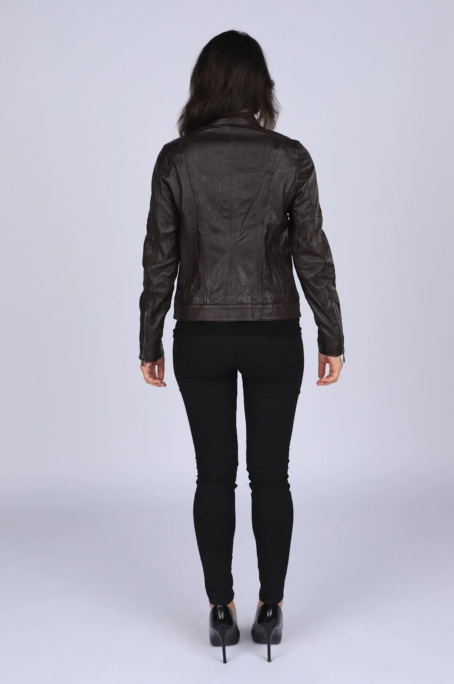 Ladies Elektra Washed Leather Jacket Brown