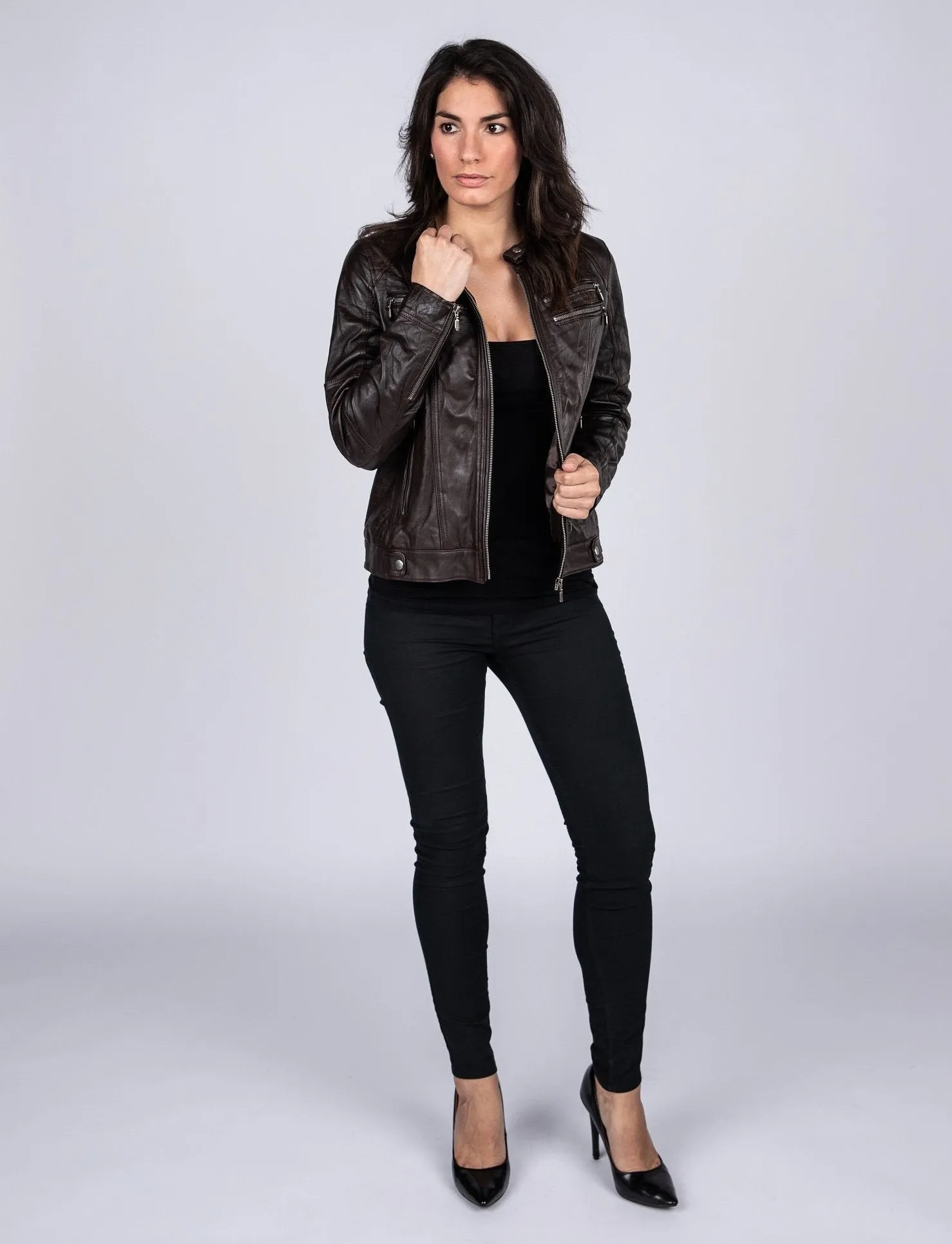 Ladies Elektra Washed Leather Jacket Brown