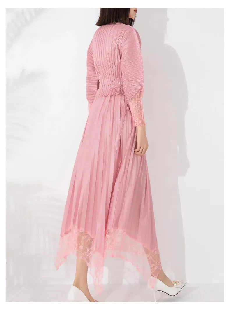 Miyake Pleated Lace Patchwork Midi Dress