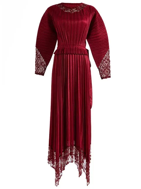 Miyake Pleated Lace Patchwork Midi Dress