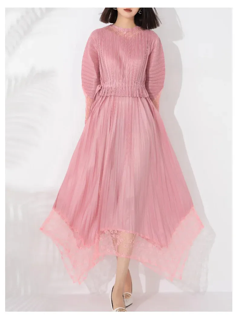 Miyake Pleated Lace Patchwork Midi Dress