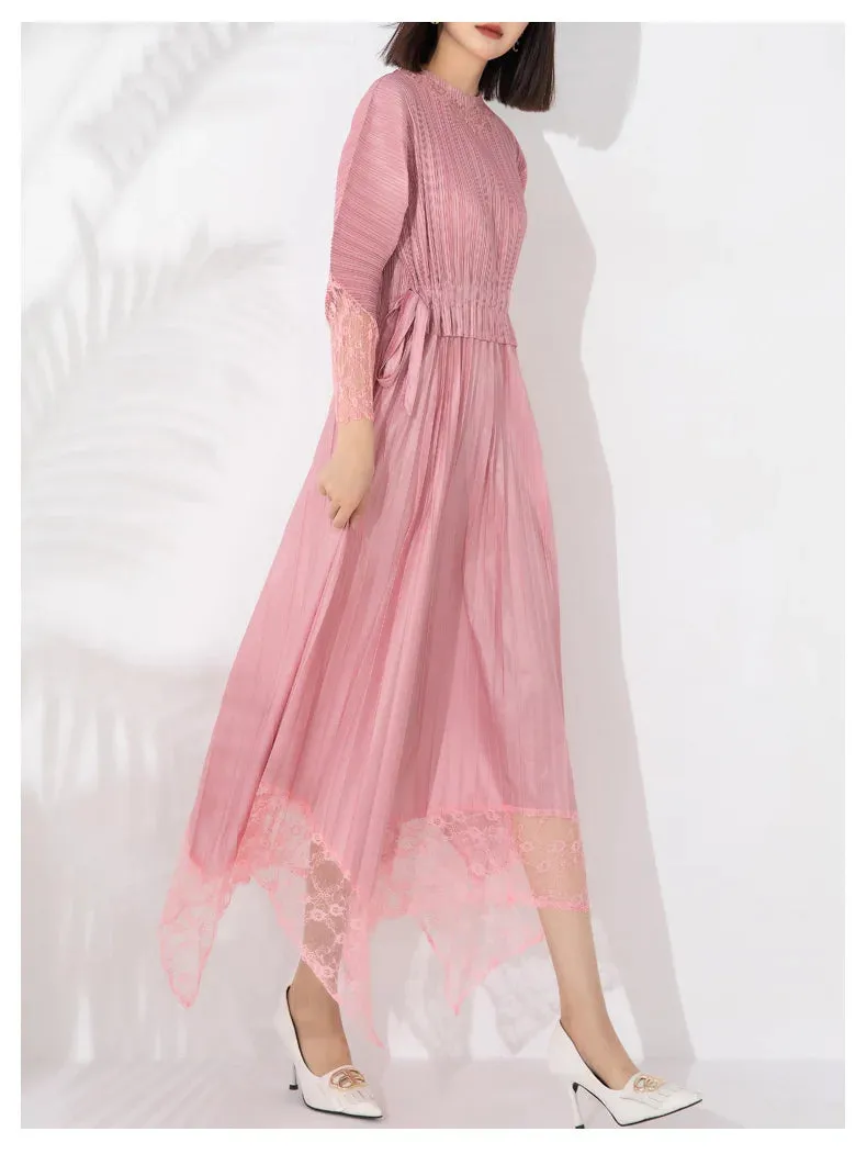 Miyake Pleated Lace Patchwork Midi Dress