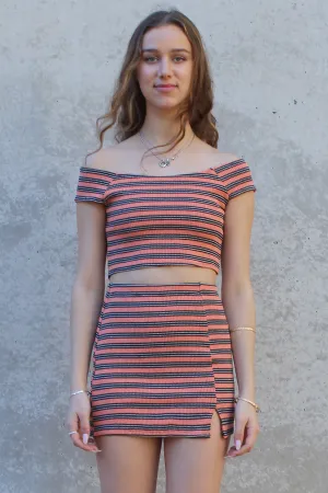 Off Shoulder Crop Top - Stretchy Orange Stripe