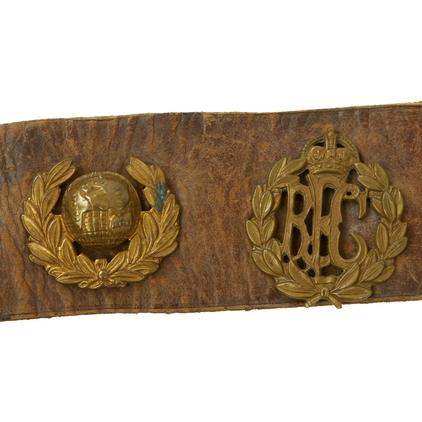 Original British WWI Souvenir Leather Belt with 16 Attached Buttons, Badges & Insignia