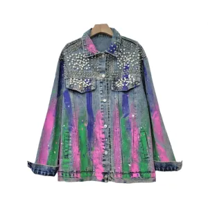 Pre Order: Denim Studded Half Painted Loose Jacket