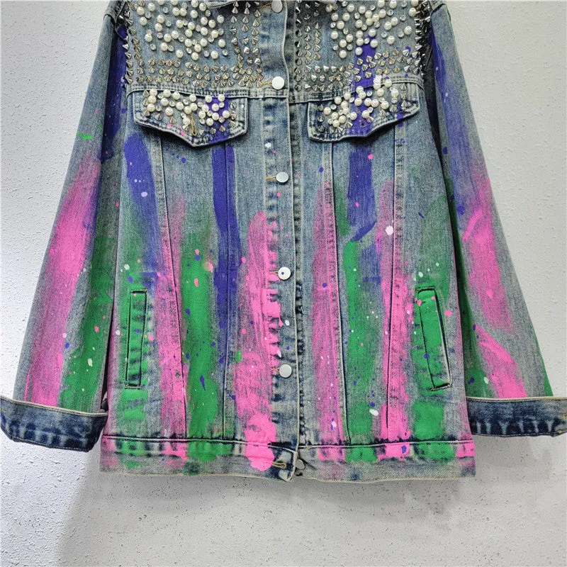 Pre Order: Denim Studded Half Painted Loose Jacket