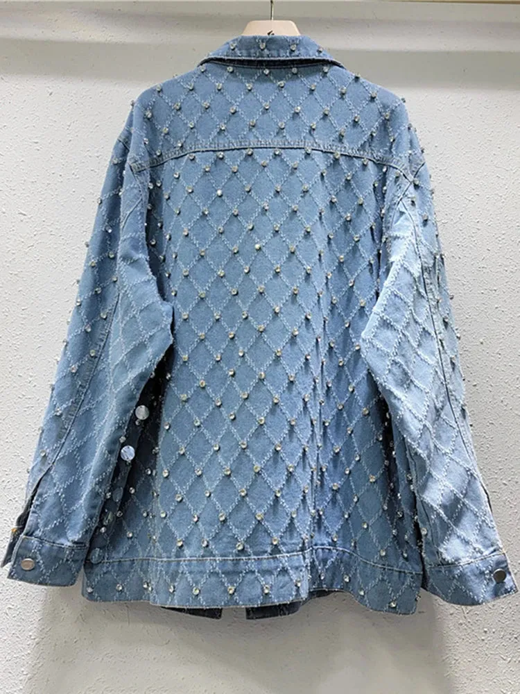 Pre Order:  Diamond Shaped Rhinestone Sequin Old Blue Denim Jacket