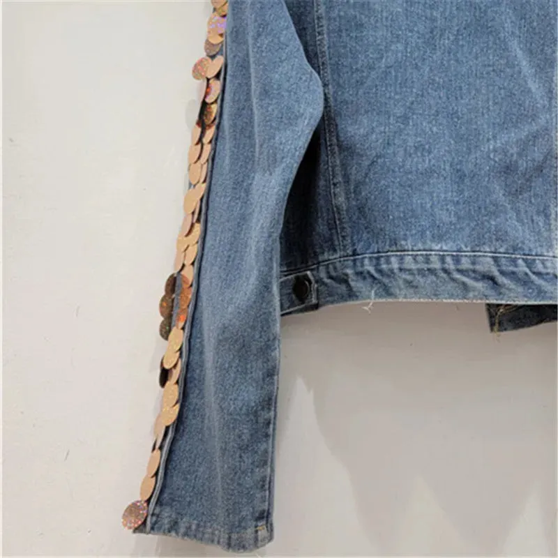 Pre Order:  Sequin Diamond Rivet Loose Vintage Denim Jacket