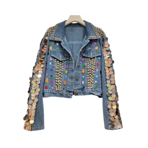 Pre Order:  Sequin Diamond Rivet Loose Vintage Denim Jacket