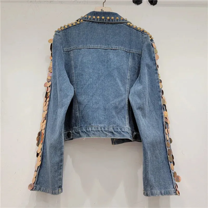 Pre Order:  Sequin Diamond Rivet Loose Vintage Denim Jacket