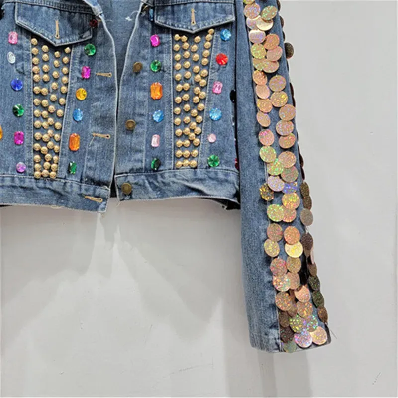 Pre Order:  Sequin Diamond Rivet Loose Vintage Denim Jacket