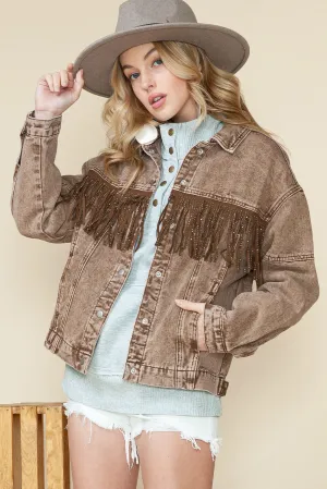 Wholesale Brown Rhinestone Fringe Vintage Denim Jacket